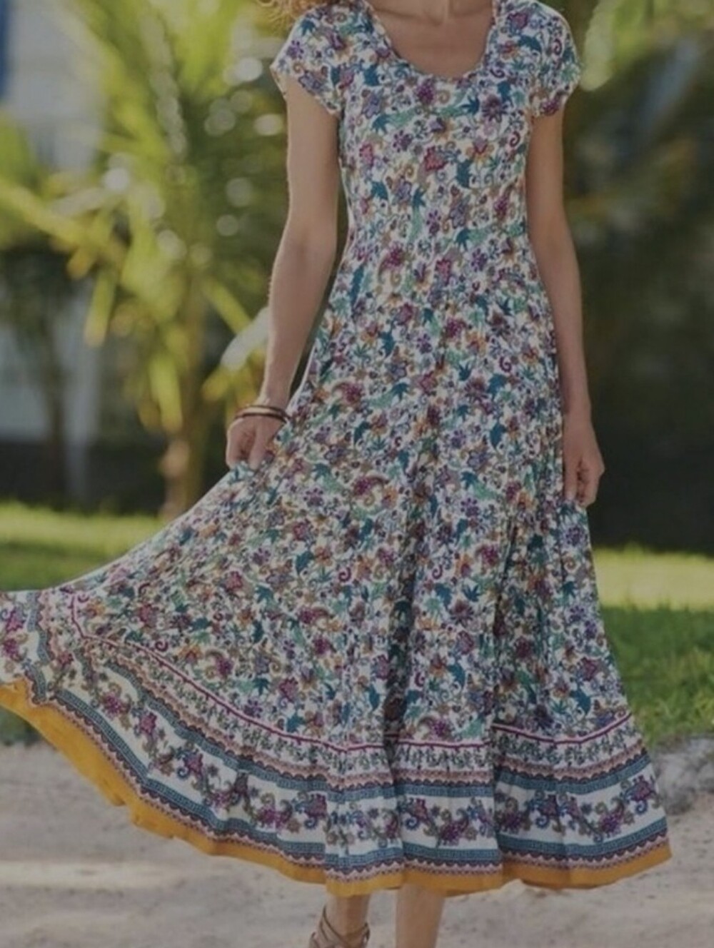 Soft Surroundings Kara Tiered Maxi Dress Petite Large Boho Paisley Twirly